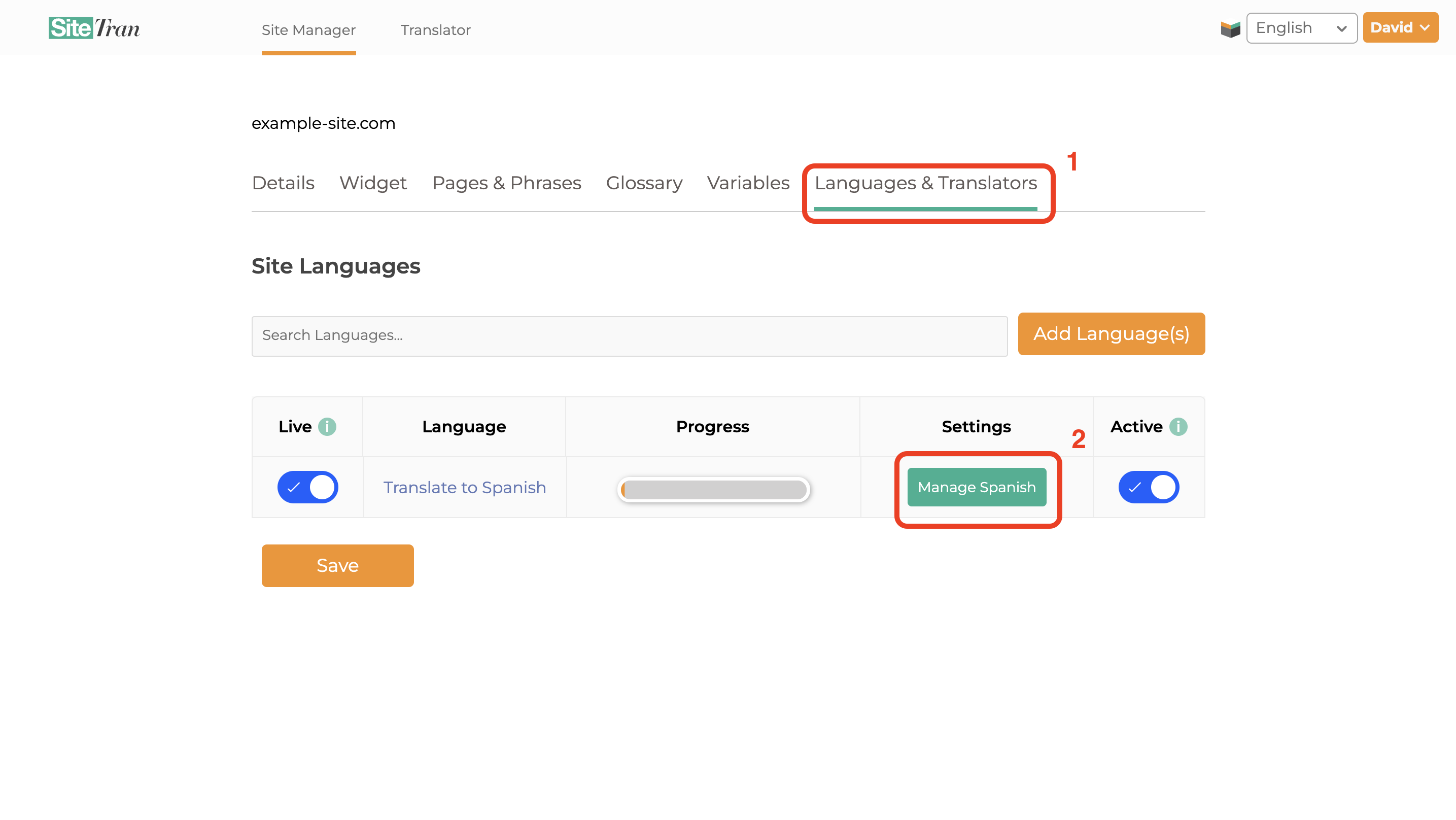 Go to your “Languages & Translators” page and select “Manage LANGUAGE”